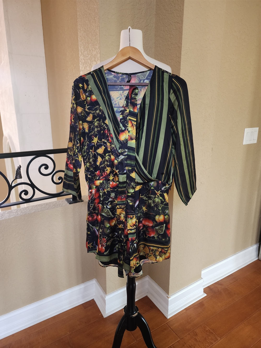 Floral & Stripe Wrap-Front Mini Dress in Black and Green
